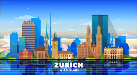 Zurich Switzerland skyline with panorama at sky background. Vector Illustration. Business travel and tourism concept with modern and old buildings. Vector for presentation, banner, web site.