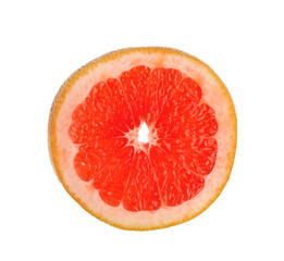 Slice of tasty ripe grapefruit on white background