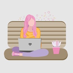 Girl with a laptop sitting on the sofa flat illustration