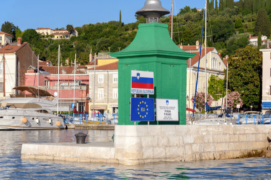 EU Border Crossing Sign In The Port Of Piran In Slovenia.