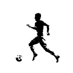 Fototapeta na wymiar Football player running with ball, isolated vector silhouette, side view. Soccer, team sport athlete. Footballer logo