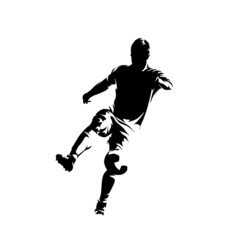 Naklejka na ściany i meble Football player with ball, isolated vector silhouette, front view. Soccer, team sport athlete