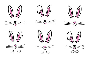 Easter bunny rabbit set vector illustration drawn by hand. Bunny face, ears and tiny muzzle with whiskers isolated on white background