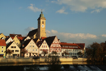 The view of the Neckar river embankment in Nuertingen, Germany