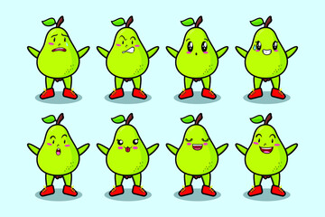 Set kawaii pear fruit cartoon character with different expressions of cartoon face vector illustrations