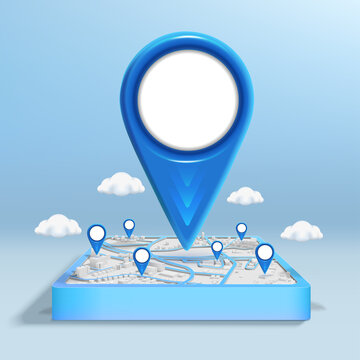 Gps icon on the city map with pin location and cloud. 3D style illustration