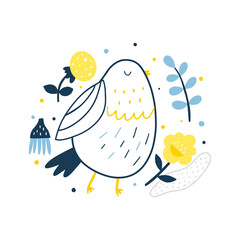 Vector illustration with cute bird and flowers isolated on white background. Peace bird. Vector hand drawn illustration.