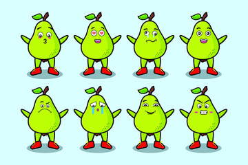 Set kawaii pear fruit cartoon character with different expressions of cartoon face vector illustrations