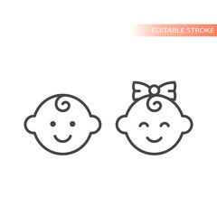 Happy smiling baby boy and girl. Outlined vector icon.