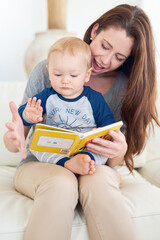 Turn the page Mom and tell me what happens next. Cropped shot of a mother reading a book to her baby boy at home.