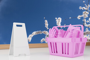 Assorted cleaning products all in pink on a floral background of almond trees. 3d rendering.
