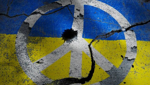 Semi destroyed national flag waving with peace sign on it. Ukrainian crisis concept