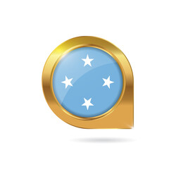Flag of Micronesia, location map pin, pointer flag, button with the reflection of light and shadow, gold frame, Icon country. Realistic vector illustration on white background