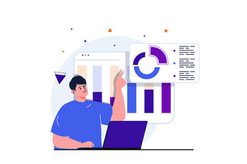 Sales performance modern flat concept for web banner design. Man analyzes company financial progress and budget, works with graphs and data charts. Illustration with isolated people scene