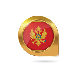 Flag of Montenegro, location map pin, pointer flag, button with the reflection of light and shadow, gold frame, Icon country. Realistic vector illustration on white background