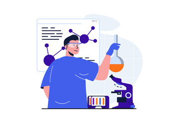 Science research modern flat concept for web banner design. Man scientist holds flask with studied liquid, makes test and analysis results in laboratory. Illustration with isolated people scene