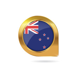 Flag of New Zealand, location map pin, pointer flag, button with the reflection of light and shadow, gold frame, Icon country. Realistic vector illustration on white background
