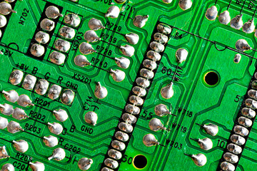 Macro Close up of printed wiring on PC circuit board..