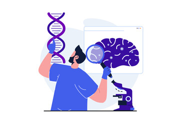 Science research modern flat concept for web banner design. Man studies dna molecule and examines brain with magnifier, makes neurobiology experiment. Illustration with isolated people scene