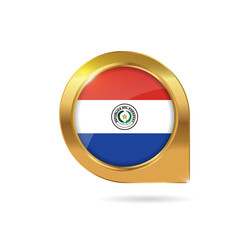 Flag of Paraguay, location map pin, pointer flag, button with the reflection of light and shadow, gold frame, Icon country. Realistic vector illustration on white background