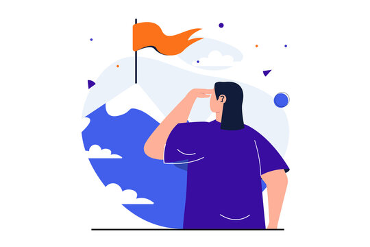 Searching for opportunities modern flat concept for web banner design. Woman looks at top of mountain with red flag and strives to achieve new goal. Illustration with isolated people scene