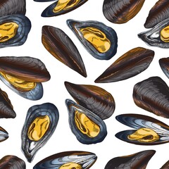 Seamless repeatable pattern texture with mussels sketch vector illustration.