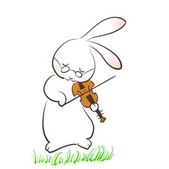 うさぎのおじいさんがうっとりとバイオリンを弾いているイラスト
