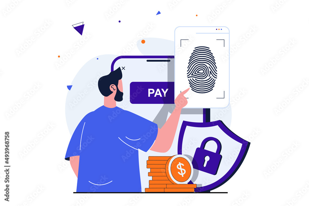 Poster secure payment modern flat concept for web banner design. man makes online payment confirming his id