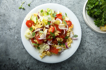 Pasta salad with mozzarella, red onion and tomato