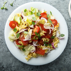 Pasta salad with mozzarella, red onion and tomato