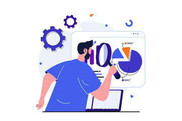 Seo analysis modern flat concept for web banner design. Man with magnifier analyzes data and search results, improves rankings and optimizes site. Illustration with isolated people scene - obrazy, fototapety, plakaty