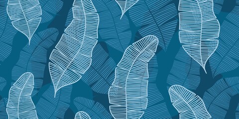 ABSTRACT VECTOR SEAMLESS BLUE BANNER WITH LIGHT BLUE AND WHITE BANANA LEAVES