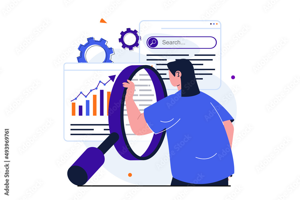 Aufkleber seo analysis modern flat concept for web banner design. woman with magnifier studies data of search 