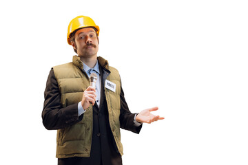Portrait of young man in helmet, professional commentator, journalist with microphone broadcasting isolated over white background. News, emotions, job concept