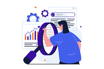 Seo analysis modern flat concept for web banner design. Woman with magnifier studies data of search queries on charts, optimizes and promotes sites. Illustration with isolated people scene - obrazy, fototapety, plakaty