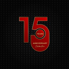 15th anniversary logo. Anniversary celebration logo design with red color and with gold text for booklet, flyer, magazine, brochure poster, web, invitation or greeting card. vector illustrations.