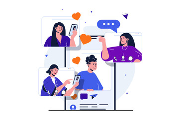 Social network modern flat concept for web banner design. Men and women chat in messenger on mobile phones, communicates online, publish photos and news. Illustration with isolated people scene