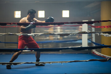 Sporty man boxing alone in ring. Side view of young shirtless boxer training before championship. Motivation concept