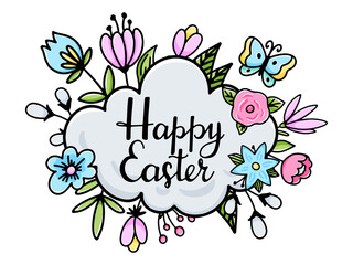 Happy Easter concept with lettering and flowers. Doodle style vector illustration isolated on white background