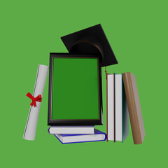mockup photo frames for graduation congratulations with books and gowns isolated on green background, 3D Render Illustration