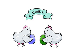 Two hand-drawn mother hens each holding an egg. Banner with hand-drawn inscription Easter. Happy Easter concept