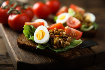 Egg toast with tomato and olive paste