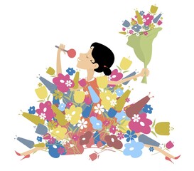 Romantic singer woman isolated illustration. 
Cartoon woman with microphone sits under the big pile flowers and sings isolated on white background
