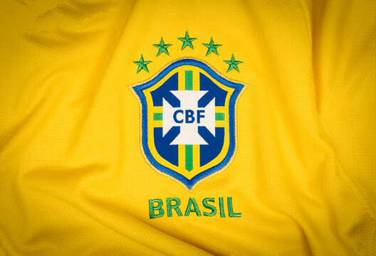 S&Atilde;O PAULO, BRAZIL - JUNE 23, 2018: The national symbol or logo of the Brazilian soccer team called "CBF" and soccer ball. Football Editorial Image concept.