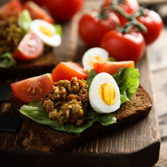 Egg toast with tomato and olive paste