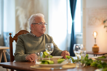 Serious senior man wearing glasses sitting at party table. Portrait of elder man having dinner alone at home. Elderly people concept