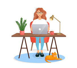 Woman sits at a table, works at home at a computer. Remote work, freelance, home office, programming, training. Cozy working interior with a cat. Vector illustration