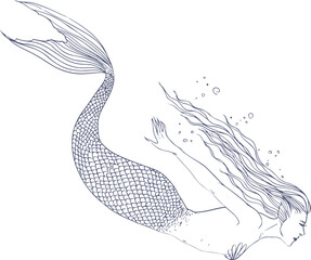 Mermaid Swimming Hand Drawn Contour Illustration