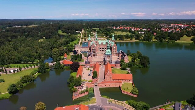 Frederiksborg Palace In Hillerod Denmark - aerial pullback