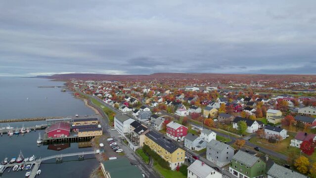 Aerial shot of the harbor in Vads&oslash;, Norway